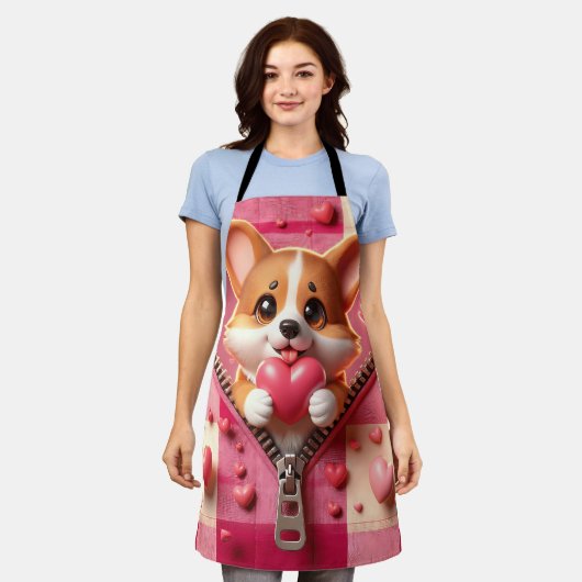 Schattigee 3D Puppy op een roze en witte achtergro Schort (Gedragen)