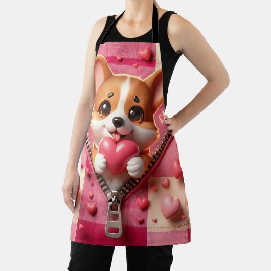 Schattigee 3D Puppy op een roze en witte achtergro Schort (Insitu)