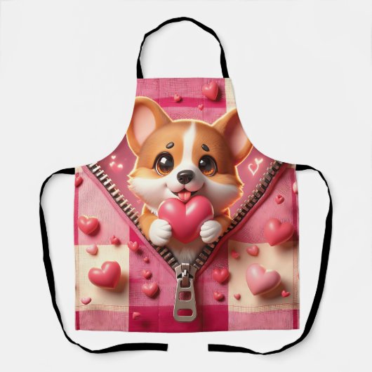 Schattigee 3D Puppy op een roze en witte achtergro Schort (Voorkant)