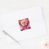 Schattigee 3D Puppy op een roze en witte achtergro Vierkante Sticker (Envelop)