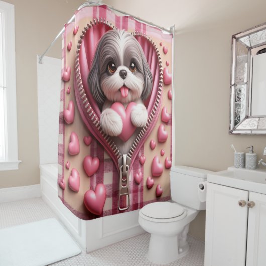 Schattigee 3D Shih Tzu op een roze en witte achter Douchegordijn (In situ)