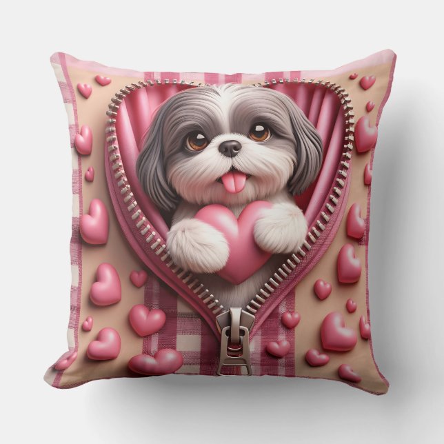 Schattigee 3D Shih Tzu op een roze en witte achter Kussen (Voorkant)