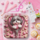 Schattigee 3D Shih Tzu op een roze en witte achter Papieren Bordje (Feest)