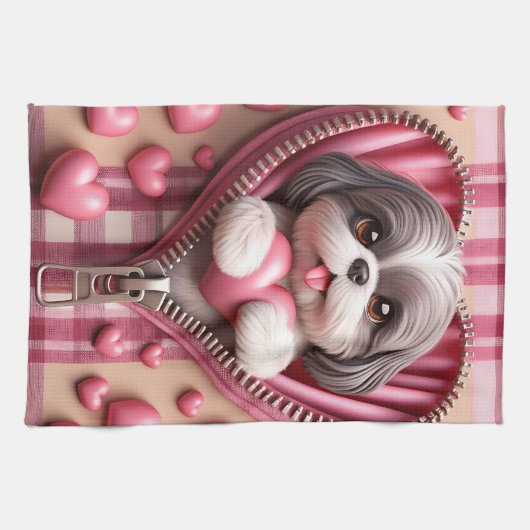 Schattigee 3D Shih Tzu op een roze en witte achter Theedoek (Horizontaal)