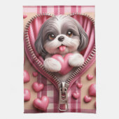 Schattigee 3D Shih Tzu op een roze en witte achter Theedoek (Verticaal)