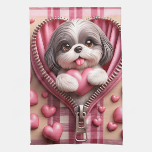 Schattigee 3D Shih Tzu op een roze en witte achter Theedoek