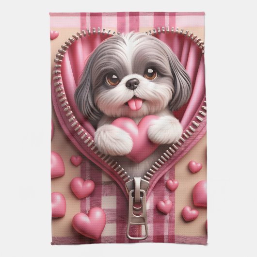 Schattigee 3D Shih Tzu op een roze en witte achter Theedoek (Verticaal)