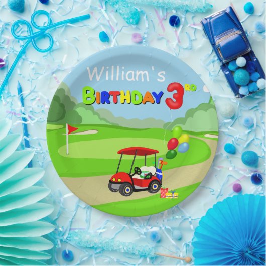 Schattigee 3e Verjaardag Rode Golf Cart Boy's Papieren Bordje (Feest)