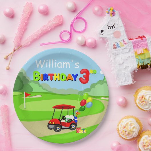 Schattigee 3e Verjaardag Rode Golf Cart Boy's Papieren Bordje (Feest)