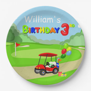 Schattigee 3e Verjaardag Rode Golf Cart Boy's Papieren Bordje