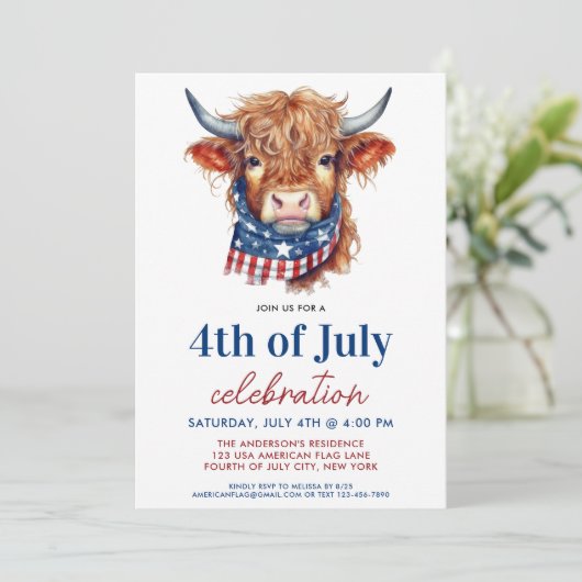 Schattigee 4 juli rood wit blauw patriottische Koe Kaart (Staand voorkant)