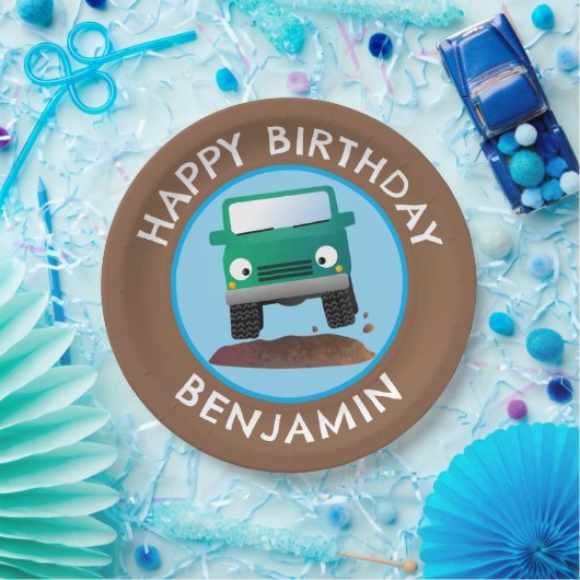 Schattigee 4X4 off-road voertuig cartoon gepersona Papieren Bordje (Feest)