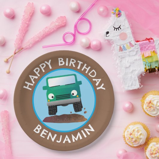 Schattigee 4X4 off-road voertuig cartoon gepersona Papieren Bordje (Feest)