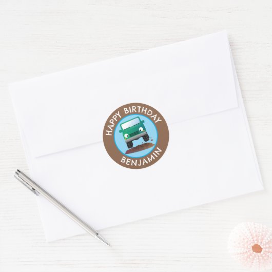Schattigee 4X4 off-road voertuig cartoon gepersona Ronde Sticker (Envelop)