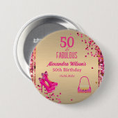 Schattigee 50 & Fabulous High Heels Gold Hot Pink Ronde Button 7,6 Cm (Voorkant /achterkant)