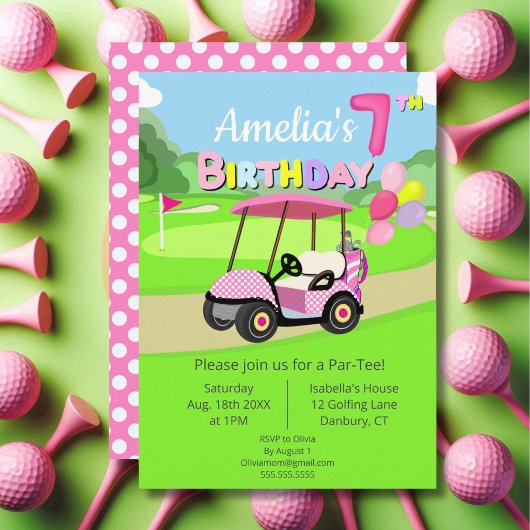 Schattigee 7e verjaardag Polka Dot Pink Girly Golf Kaart