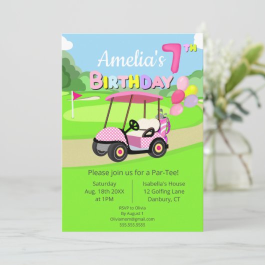 Schattigee 7e verjaardag Polka Dot Pink Girly Golf Kaart (Staand voorkant)