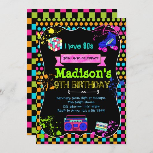 Schattigee 80s verjaardagsuitnodiging kaart (Voorkant / Achterkant)