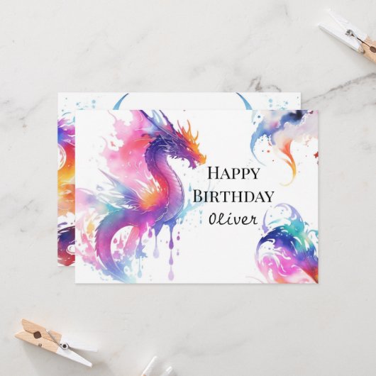 Schattigee aangepaste drakenverjaardag kaart (Voorkant / Achterkant in situ)