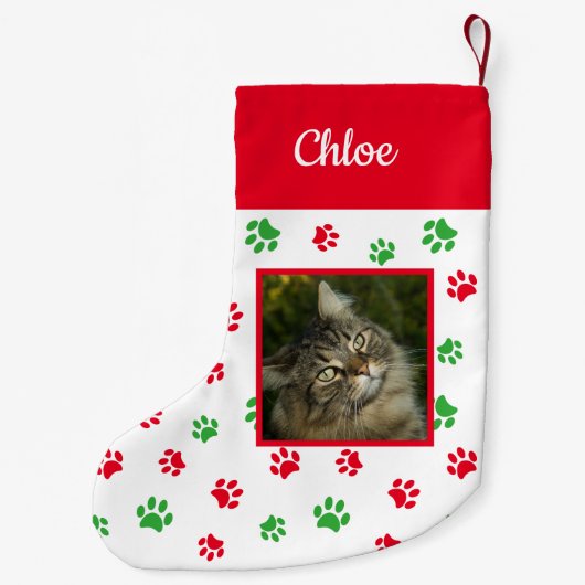 Schattigee Aangepaste Kat Fotonaam Rood Groene Poo Kleine Kerstsok (Achterkant)