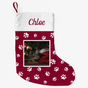 Schattigee aangepaste kattenfoto naam rode witte p kleine kerstsok