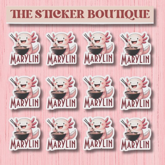 Schattigee aangepaste naam Axolotl Eating Noodles  Sticker