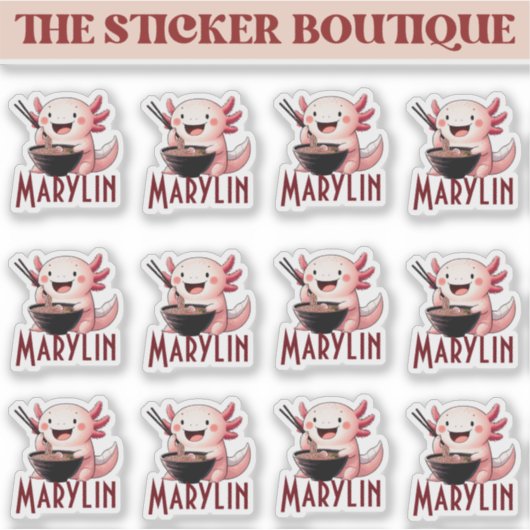 Schattigee aangepaste naam Axolotl Eating Noodles  Sticker (Voorkant)