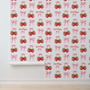 Schattigee aangepaste naam Roze Bow & Aardbei Coqu Behang