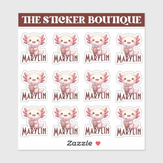 Schattigee aangepaste naam Schattig Axolotl Boba T Sticker (Vel)