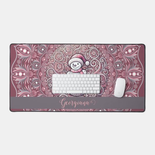 Schattigee aangepaste naam Whimsical Pink Snowman  Bureaumat (Keyboard & Muis)