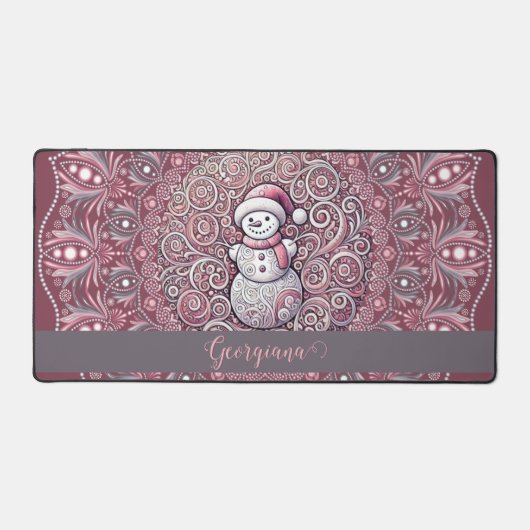 Schattigee aangepaste naam Whimsical Pink Snowman Bureaumat (Voorkant)