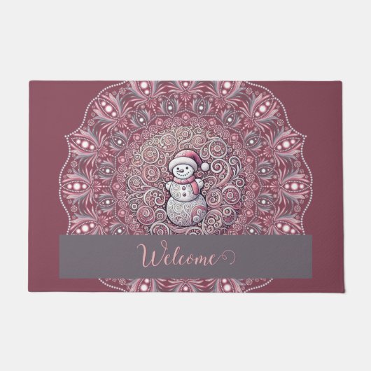 Schattigee aangepaste naam Whimsical Pink Snowman  Deurmat (Voorkant)