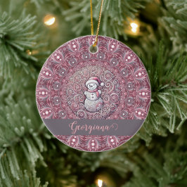 Schattigee aangepaste naam Whimsical Pink Snowman  Keramisch Ornament