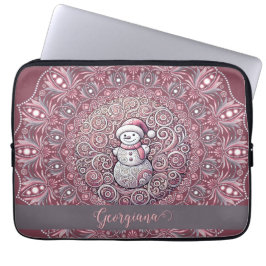 Schattigee aangepaste naam Whimsical Pink Snowman  Laptop Sleeve