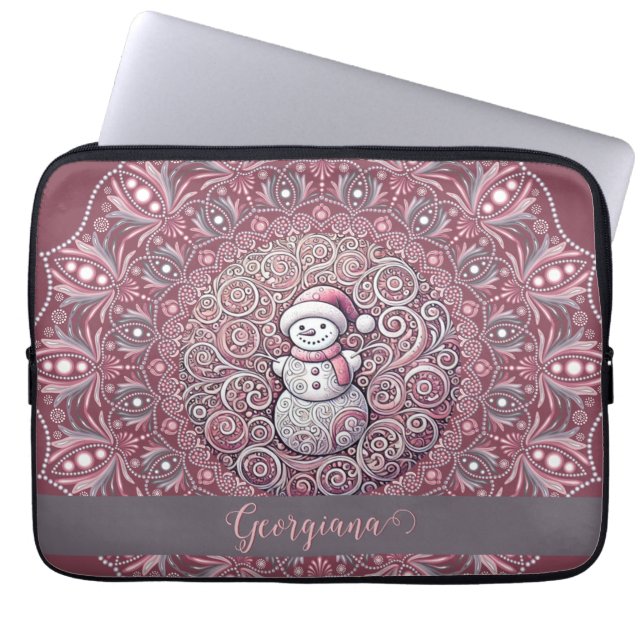 Schattigee aangepaste naam Whimsical Pink Snowman  Laptop Sleeve (Voorkant)
