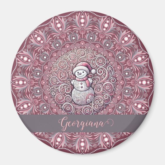 Schattigee aangepaste naam Whimsical Pink Snowman Magneet (Voorkant)