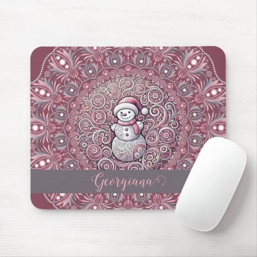 Schattigee aangepaste naam Whimsical Pink Snowman  Muismat (Met muis)