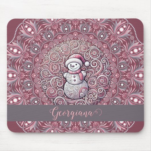 Schattigee aangepaste naam Whimsical Pink Snowman  Muismat (Voorkant)