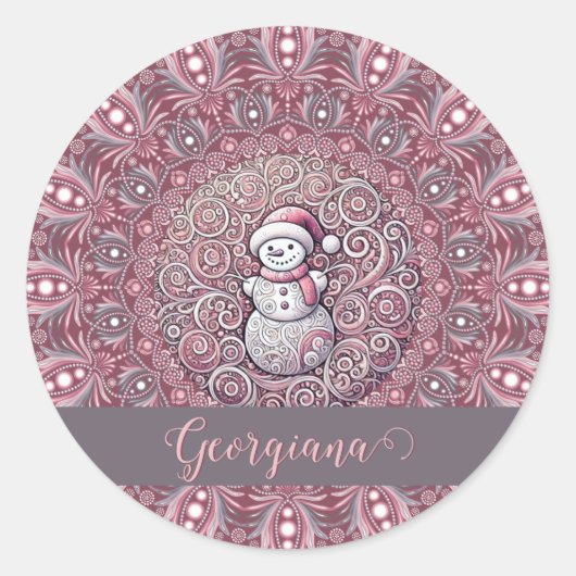 Schattigee aangepaste naam Whimsical Pink Snowman Ronde Sticker (Voorkant)