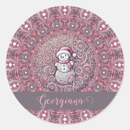 Schattigee aangepaste naam Whimsical Pink Snowman  Ronde Sticker