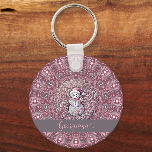 Schattigee aangepaste naam Whimsical Pink Snowman  Sleutelhanger (Voorkant)