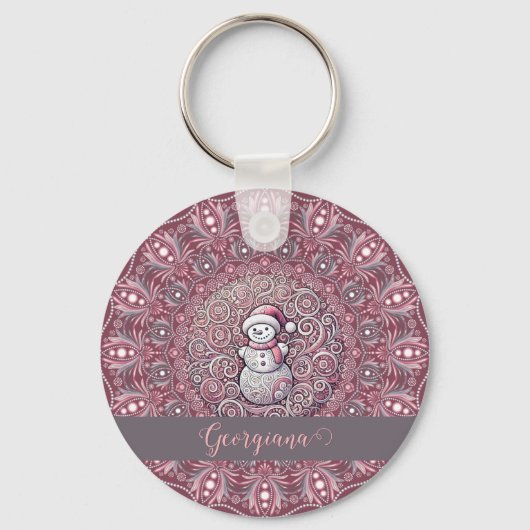 Schattigee aangepaste naam Whimsical Pink Snowman  Sleutelhanger (Achterkant)