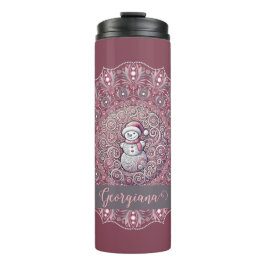 Schattigee aangepaste naam Whimsical Pink Snowman  Thermosbeker