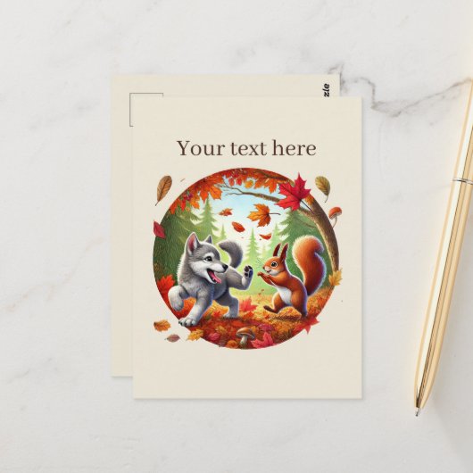Schattigee aanpasbare dierenvrienden Herfst Briefkaart (Voorkant / Achterkant in situ)