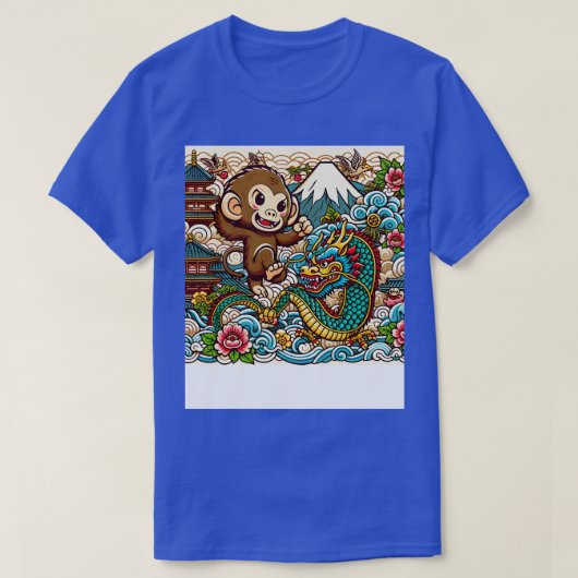 Schattigee Aap en Draak in Japan met Pagoda Wave F T-shirt (Design voorkant)