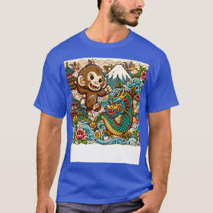 Schattigee Aap en Draak in Japan met Pagoda Wave F T-shirt