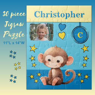 Schattigee aap fotonaam blauw geel kinder legpuzzel