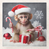 Schattigee aap met een kerstmuts glazen onderzetter (Voorkant)