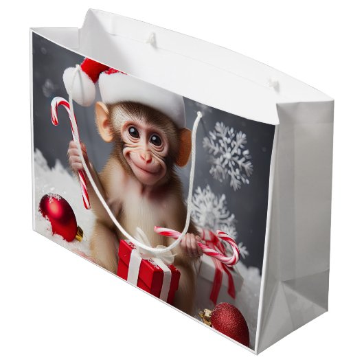 Schattigee aap met een kerstmuts groot cadeauzakje (Achterkant Gekanteld)