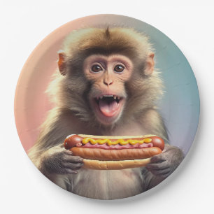 Schattigee aap met hotdog papieren bordje